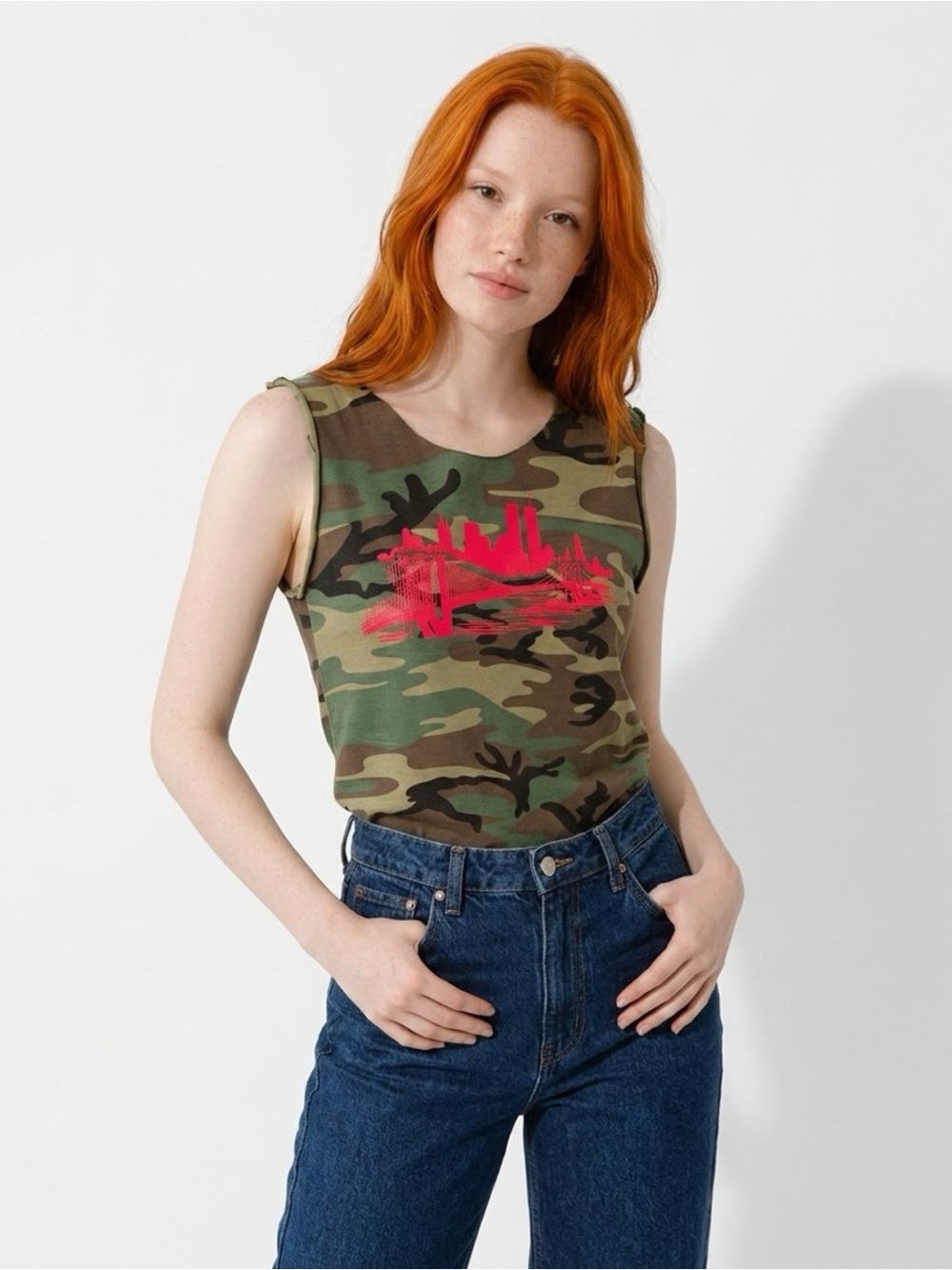 Y2K Camo Tank Top Neon Red San Francisco Skyline Graphic Sleeveless Stretch Top